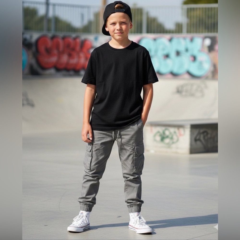 𝅺Gap Kids Gray Elastic Waist Cargo Pants Joggers Cuffed Ankles Boy Youth Large
